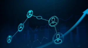 Champion Enablement: Abstract data visualization showing stakeholder connections and ROI growth.