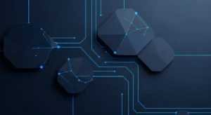 Abstract data visualization depicting competitive strategy in enterprise SaaS, electric blue accents on dark navy background.