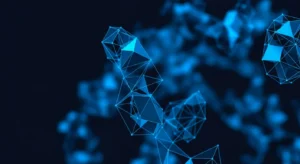 Customer segmentation data visualization. Electric blue network graph on dark navy. B2B expansion concept.