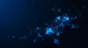 Abstract data visualization on dark navy. Electric blue geometric shapes suggest interconnected data flow.