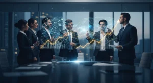 Executive professionals analyzing financial data, mapping EBITDA efficiency gap before critical board meeting.