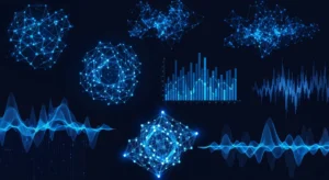Abstract electric blue data visualization on dark navy.