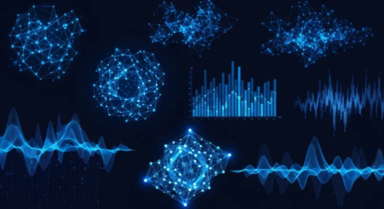 Abstract electric blue data visualization on dark navy.