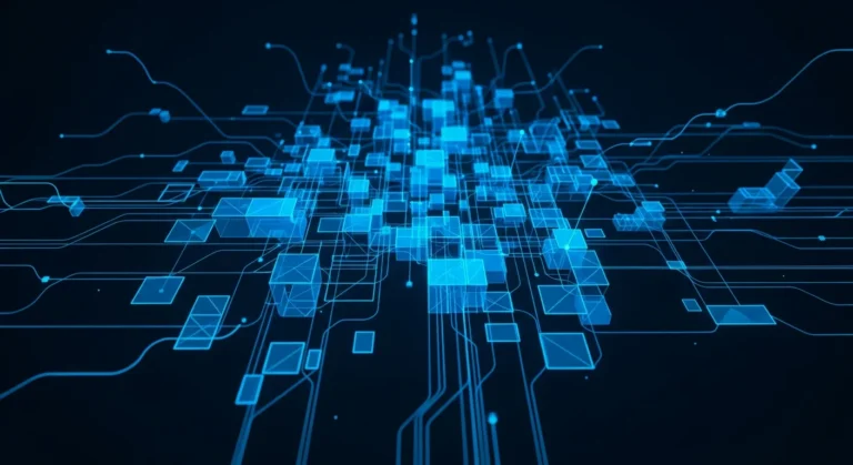 Abstract data visualization with electric blue geometric shapes on a dark navy background.