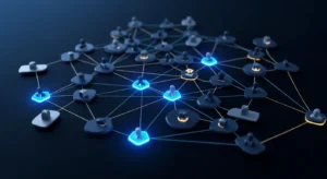 Multi-threaded B2B deal network visualization in navy and electric blue.