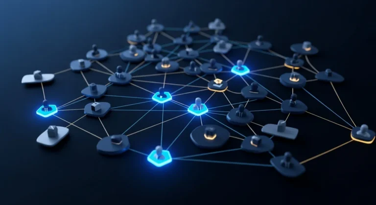 Multi-threaded B2B deal network visualization in navy and electric blue.