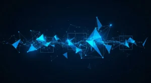 Abstract electric blue data visualizations on a dark navy background.