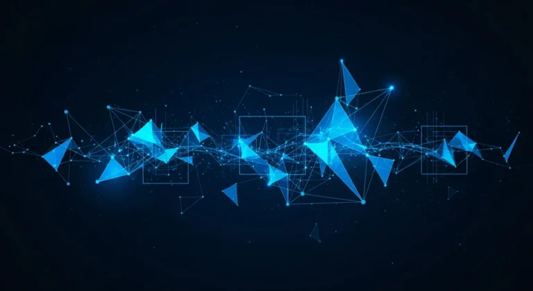 Abstract electric blue data visualizations on a dark navy background.