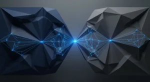 Negotiation table graphic with dark navy & charcoal sides connected by electric blue lines. Represents B2B margin protection.