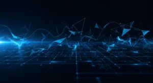 [Abstract electric blue data visualization on a dark navy background. Modern, professional, no text.]