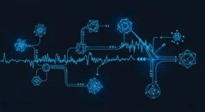 Abstract data visualization on dark navy, electric blue geometric shapes representing data flow.