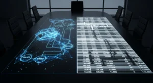 B2B SaaS visual: CFO spreadsheet vs modern sales network. RevOps concept.