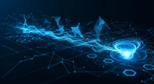 Abstract electric blue data visualization on dark navy.