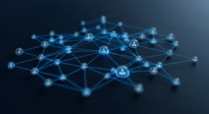 B2B territory design visualization. Network graph with account relationships in dark navy and electric blue.