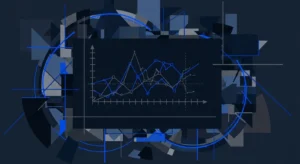 Abstract data visualization showing incomplete analysis. Navy, charcoal, electric blue color palette.
